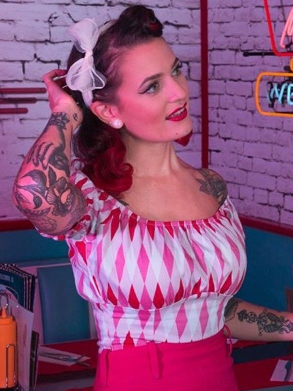 Pinup Couture 1950s Retro Pink Harlequin Peasant Top size 2X